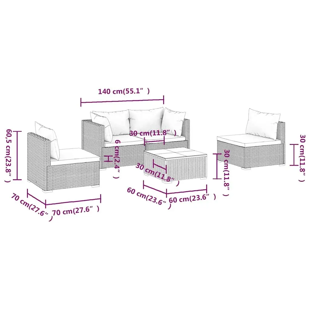 Garden Lounge Set Grey 5 Piece Outdoor Patio Furniture Rattan Sofa with Cushions