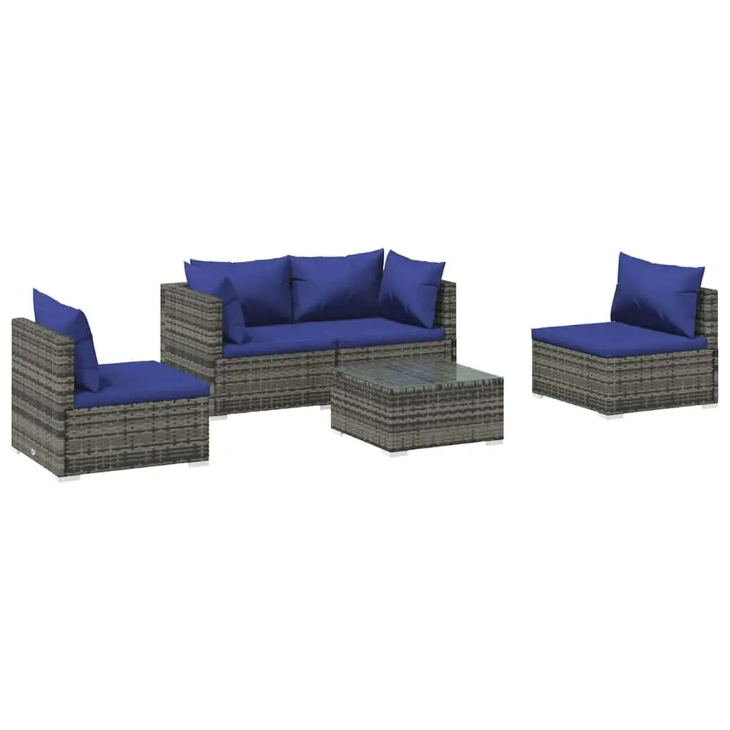 5 Piece Outdoor Garden Lounge Set Grey PE Rattan Patio Furniture with Cushions