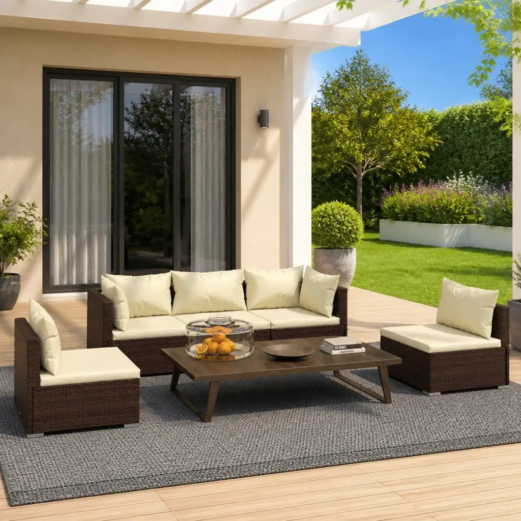 Garden Lounge Set 5 Piece Outdoor Furniture Poly Rattan Brown Modular Patio Sofa