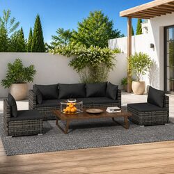 Garden Lounge Set 5 Piece Outdoor Patio Furniture Grey Rattan Sofa with Cushions