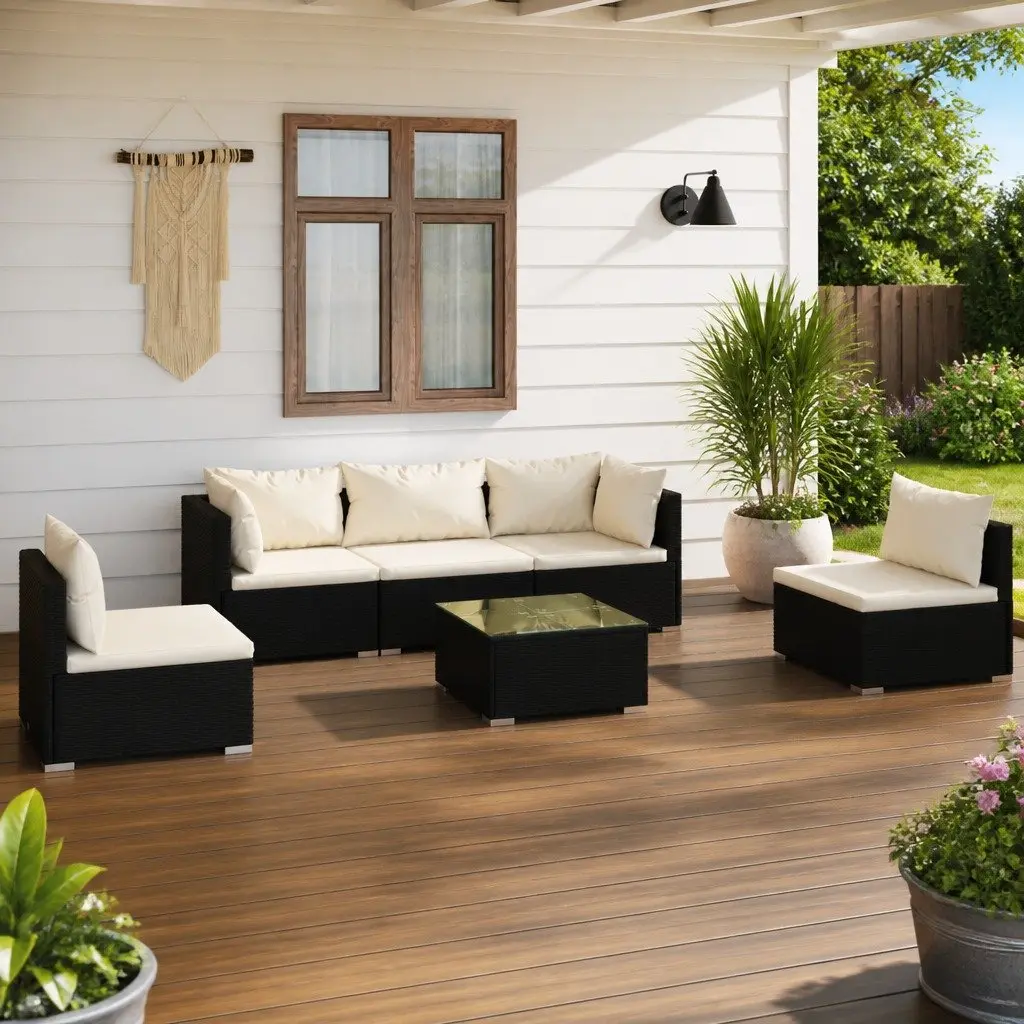 Garden Lounge Set Black 6 Piece Modular Outdoor Patio Furniture with Cushions