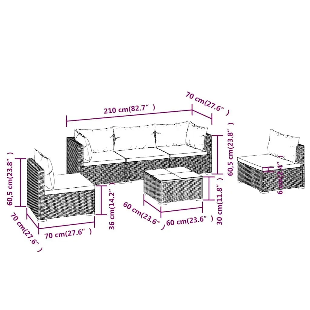 Garden Lounge Set 6 Piece Outdoor Patio Furniture Black Modular Rattan Sofa