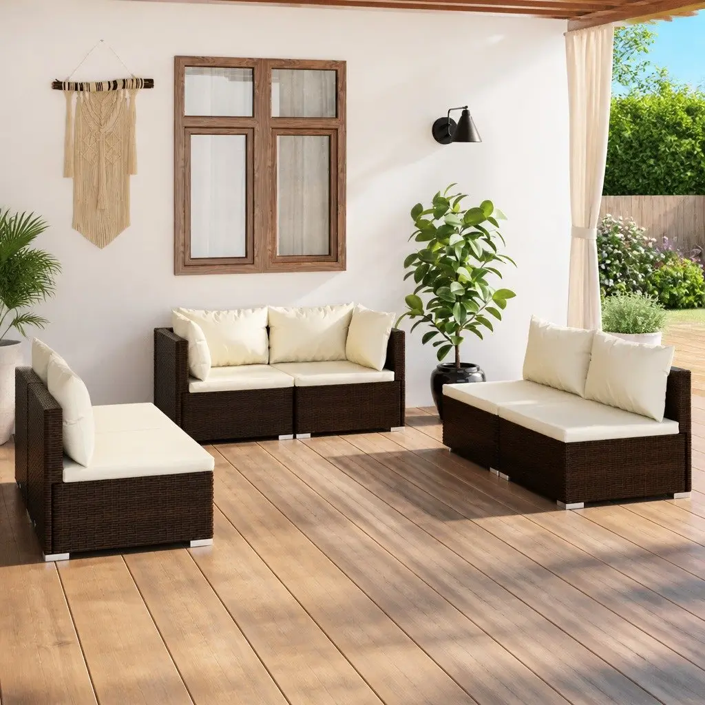 Garden Lounge Set Brown 6 Piece Outdoor Modular Sofa with Removable Cushions