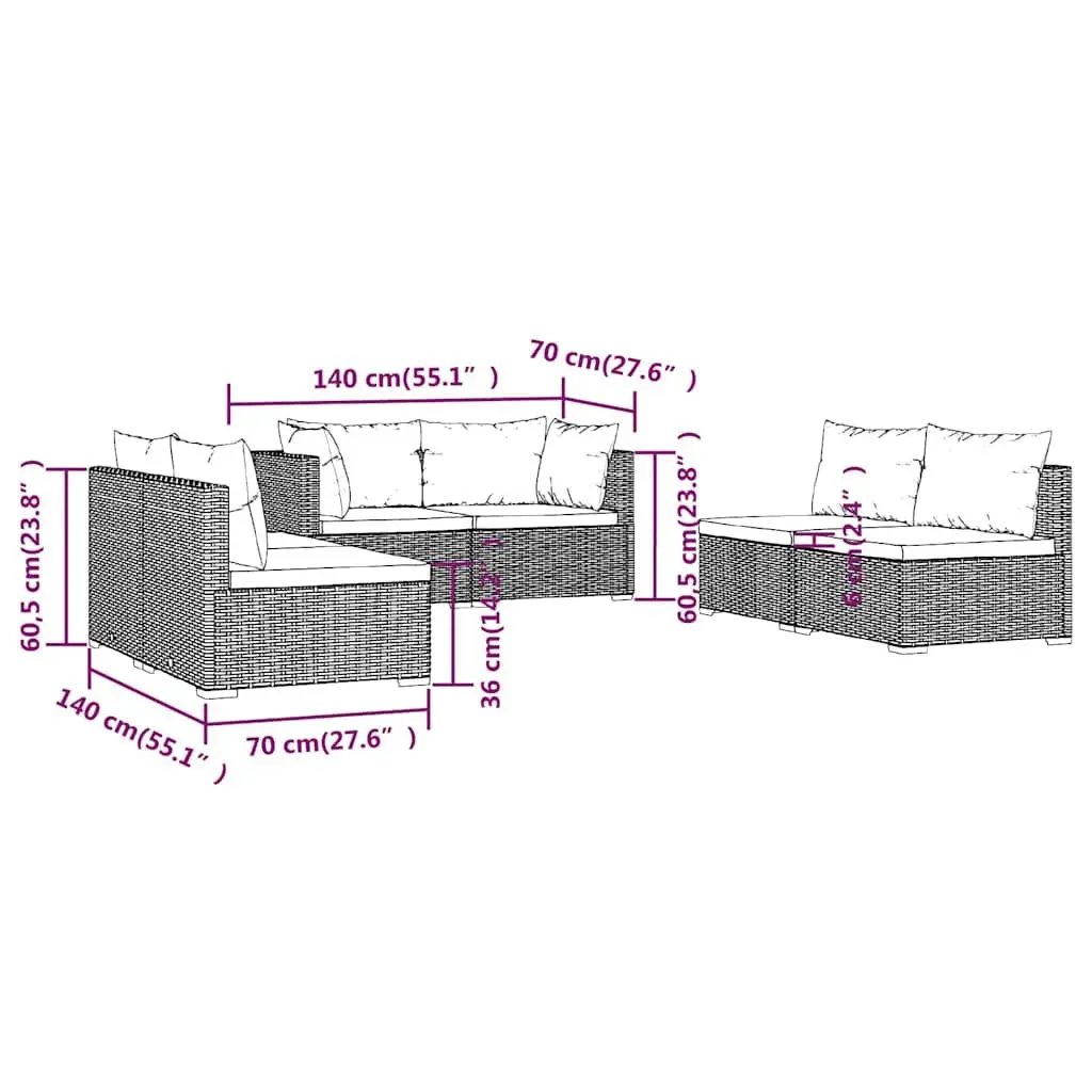 Garden Lounge Set 6 Piece Outdoor Furniture Poly Rattan Sofa Cushions Grey