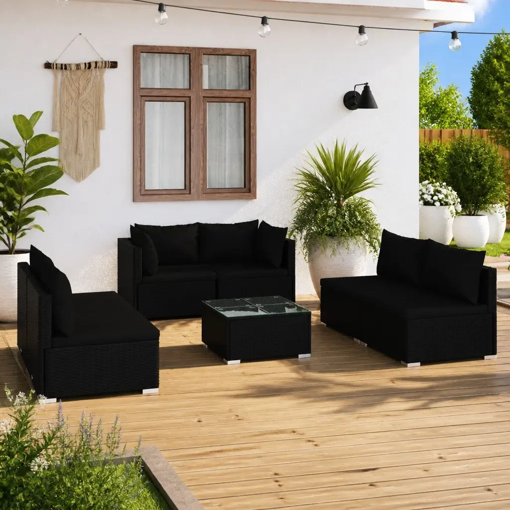 Garden Lounge Set Black 7 Piece Outdoor Patio Furniture PE Rattan with Cushions