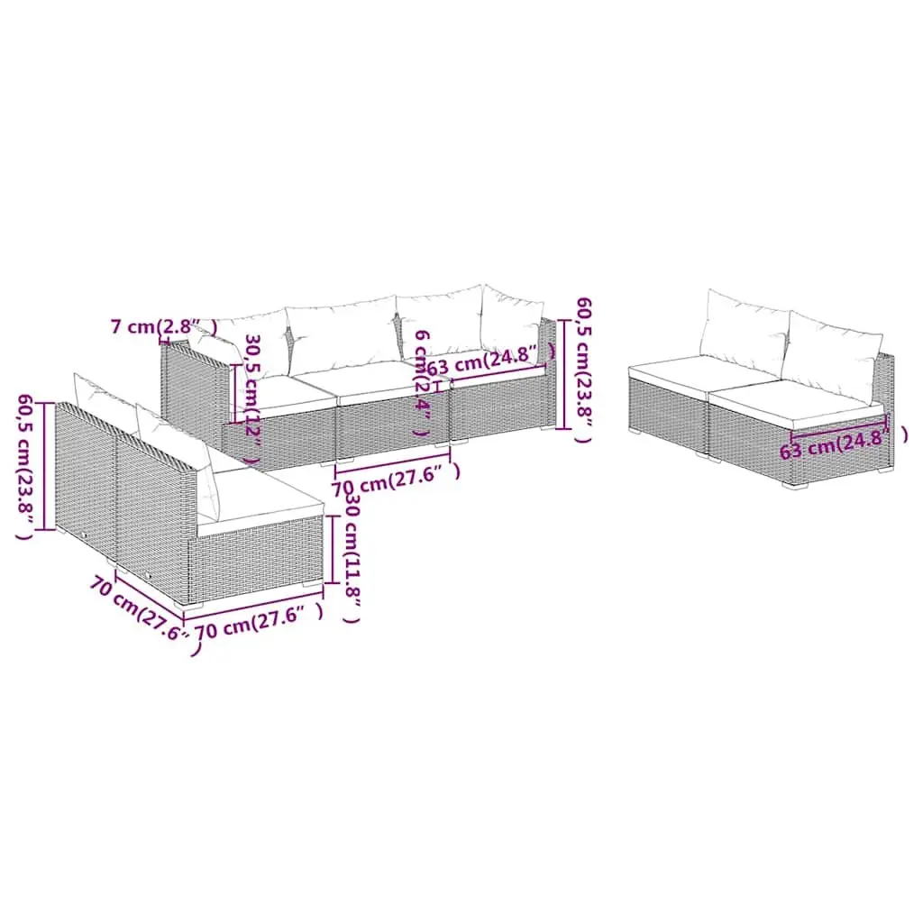Garden Lounge Set 7 Piece Outdoor Patio Furniture with Cushions Brown Rattan