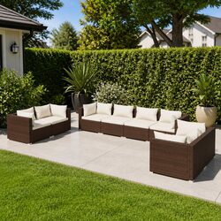 Garden Lounge Set 8 Piece Outdoor Patio Furniture with Cushions Brown Rattan