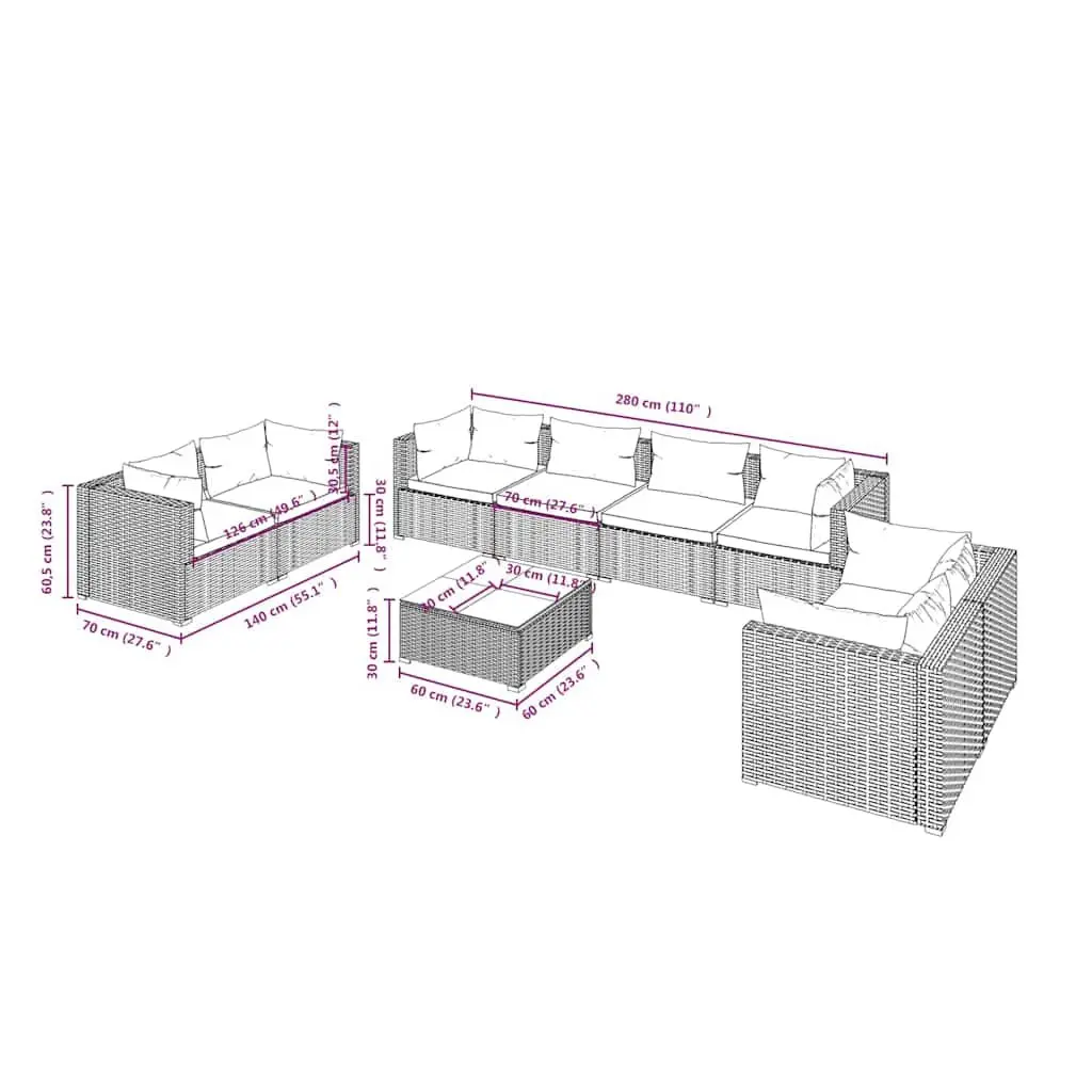 Garden Lounge Set 9 Piece Outdoor Patio Furniture Grey Rattan Sofa with Cushions
