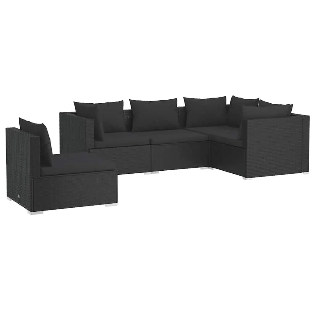 Garden Lounge Set Black 5 Piece Outdoor Patio Furniture Modular Sofa with Powder-coated Steel Frame and Water-resistant PE Rattan