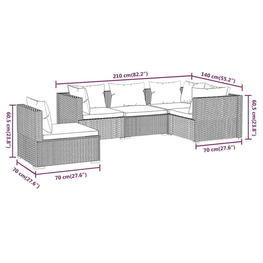 5 Piece Garden Lounge Set Outdoor Patio Furniture with Cushions Poly Rattan Grey