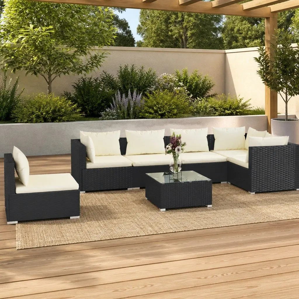 Garden Lounge Set 7 Piece Outdoor Patio Furniture Black Poly Rattan Sofa with
