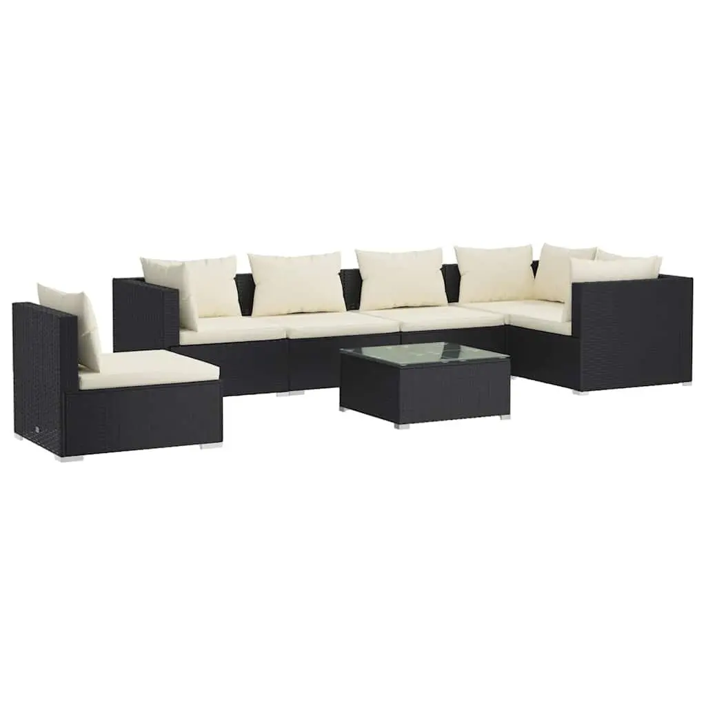 Garden Lounge Set 7 Piece Outdoor Patio Furniture Black Poly Rattan Sofa with
