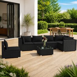 Concise 7-Piece Black Modular Lounge Set for Outdoors
