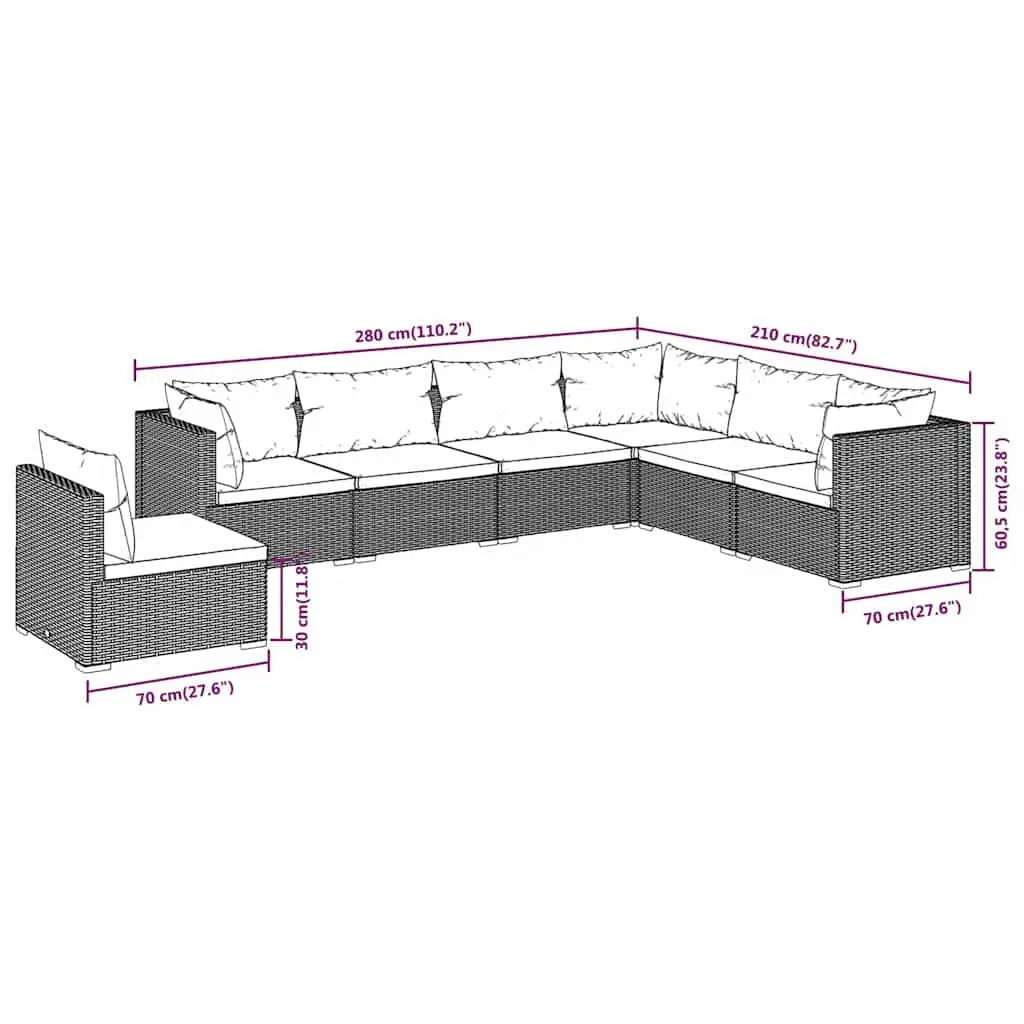 Garden Lounge Set 7 Piece Outdoor Patio Furniture Brown Rattan with Cushions