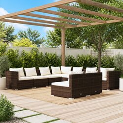Garden Lounge Set 9 Piece Outdoor Furniture Poly Rattan Sofa Brown Cushions