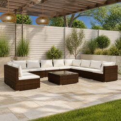 Garden Lounge Set 11 Piece Poly Rattan Outdoor Furniture Brown Cushions Modular