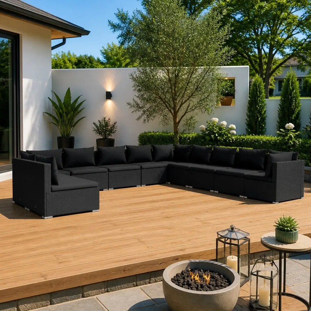 Garden Lounge Set 11 Piece Outdoor Patio Furniture Black Poly Rattan Modular