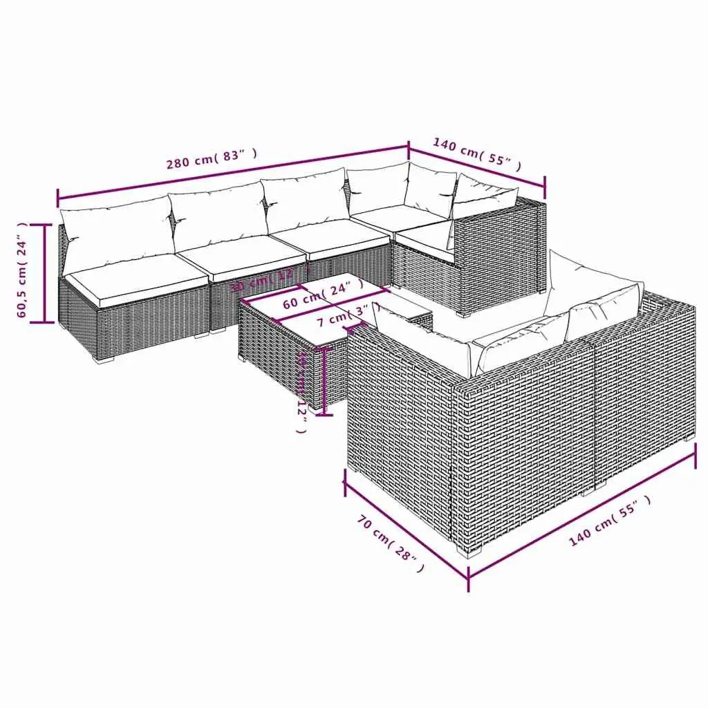 Garden Lounge Set 8 Piece Outdoor Furniture Black Poly Rattan Patio Sofa with