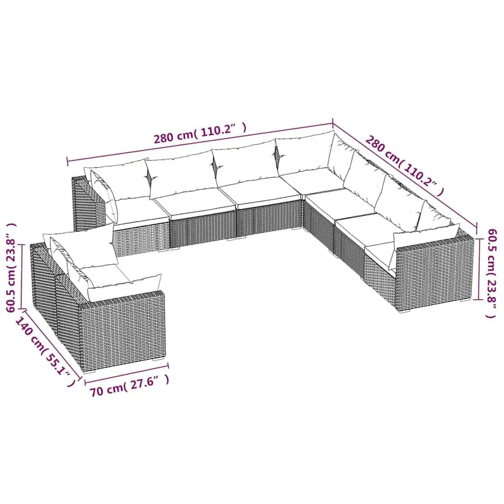 9 Piece Outdoor Garden Lounge Set Black Modular Sectional Sofa Water-Resistant