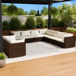 9 Piece Garden Lounge Set Outdoor Patio Furniture Brown Poly Rattan Modular Sofa