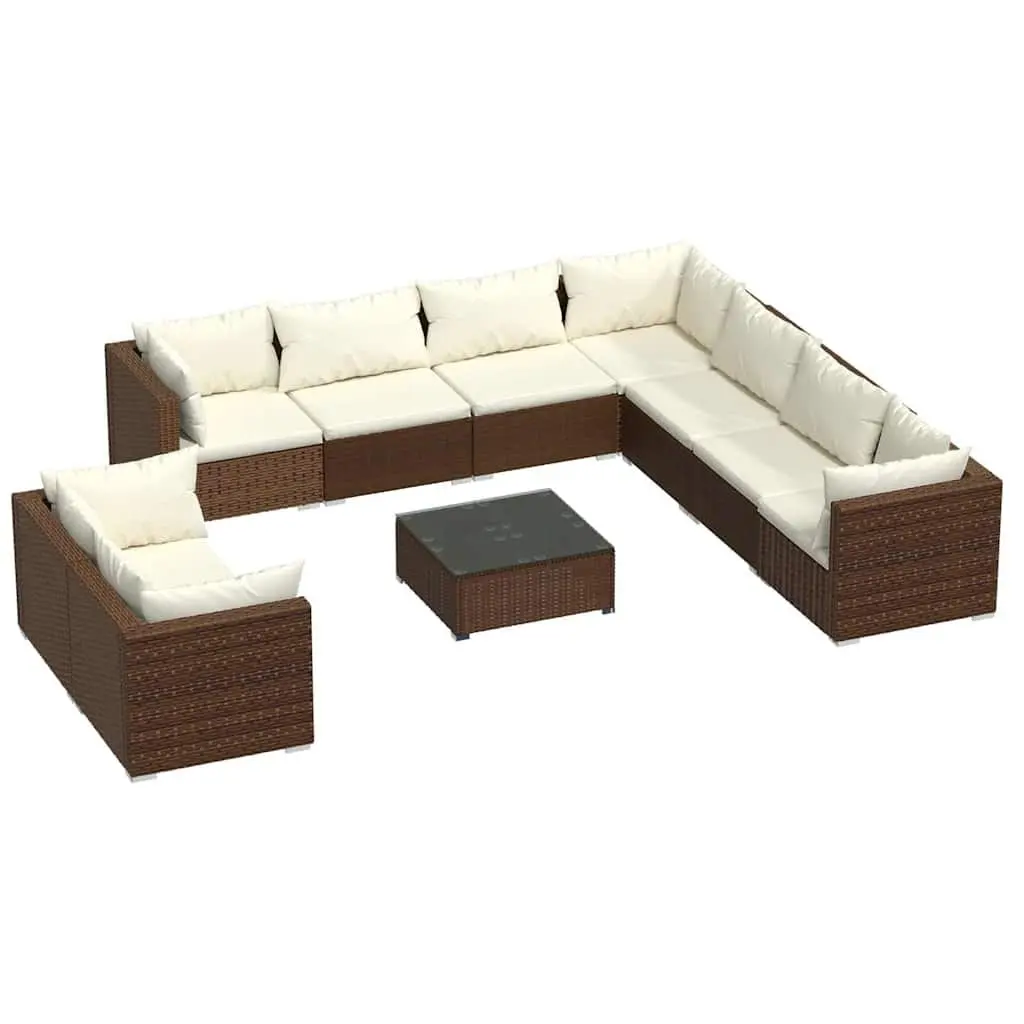 Garden Lounge Set 10 Piece Outdoor Furniture Poly Rattan Brown with Cushions