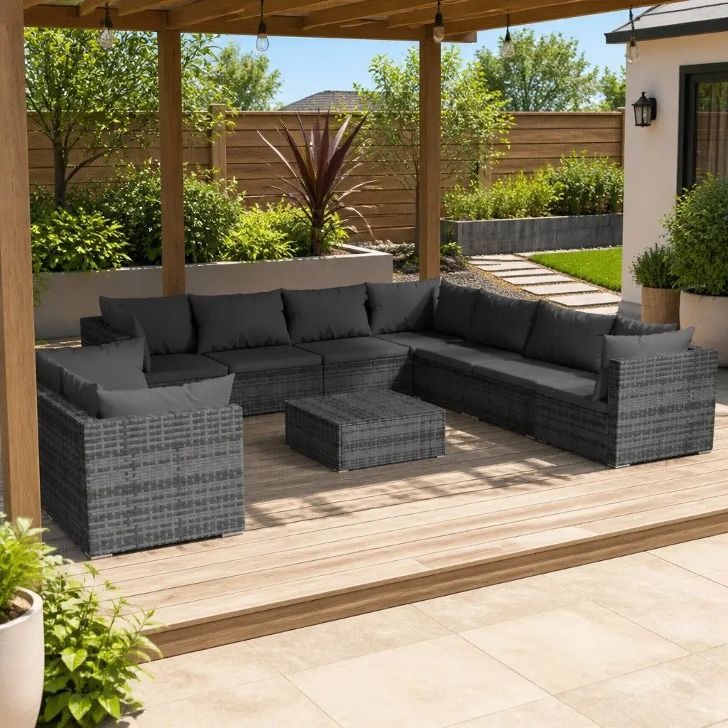 10 Piece Modular Garden Lounge Set Grey Outdoor Sofa with Removable Cushions Water-Resistant Poly Rattan and Sturdy Steel Frame