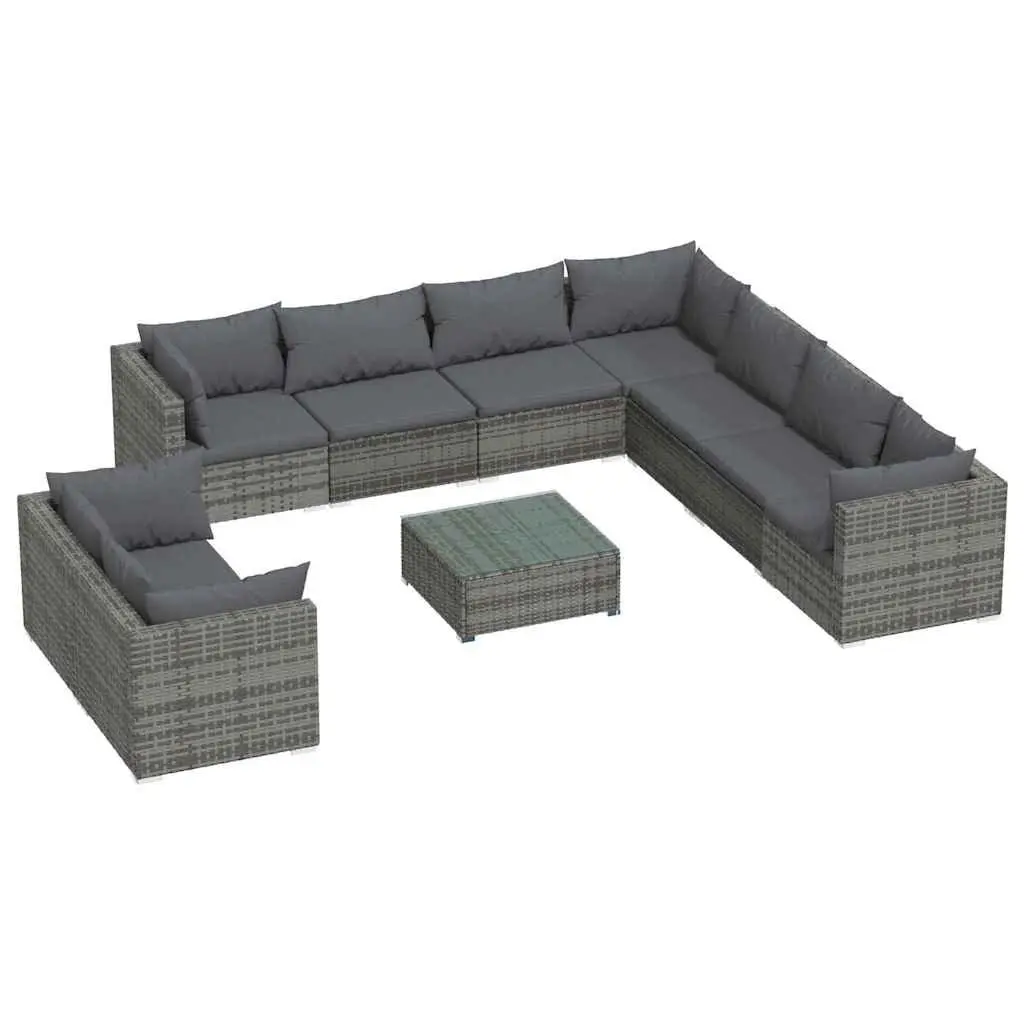 10 Piece Modular Garden Lounge Set Grey Outdoor Sofa with Removable Cushions Water-Resistant Poly Rattan and Sturdy Steel Frame