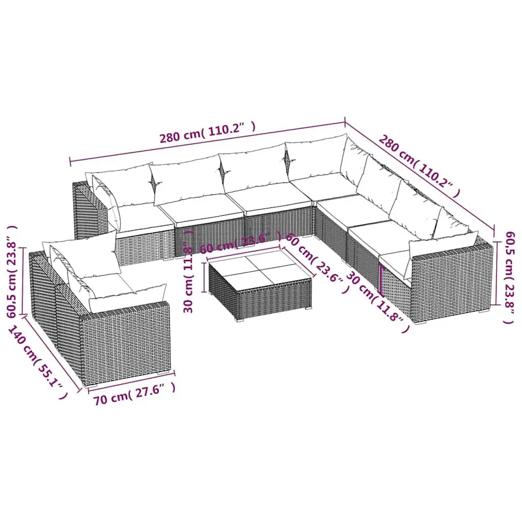 10 Piece Modular Garden Lounge Set Grey Outdoor Sofa with Removable Cushions Water-Resistant Poly Rattan and Sturdy Steel Frame