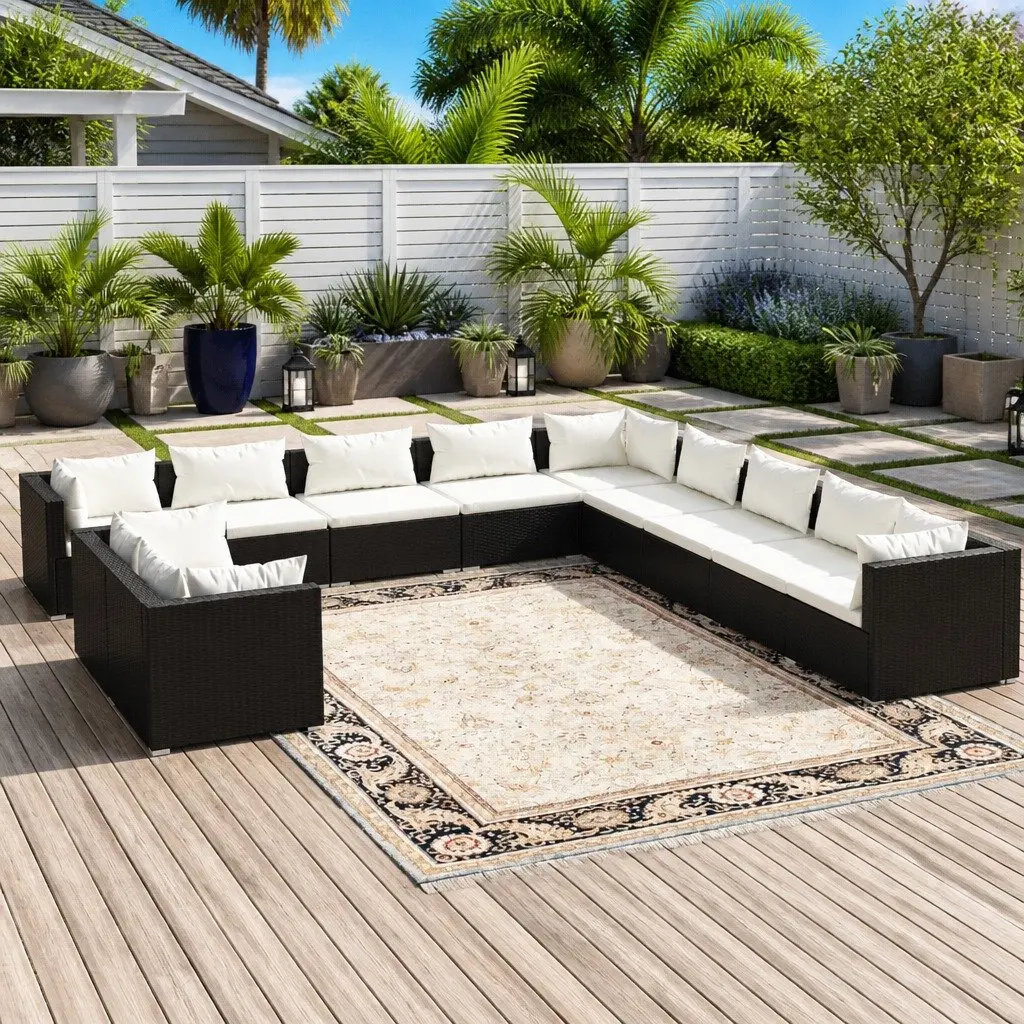 11 Piece Modular Black Poly Rattan Outdoor Garden Lounge Set with Water-Resistant Cushions
