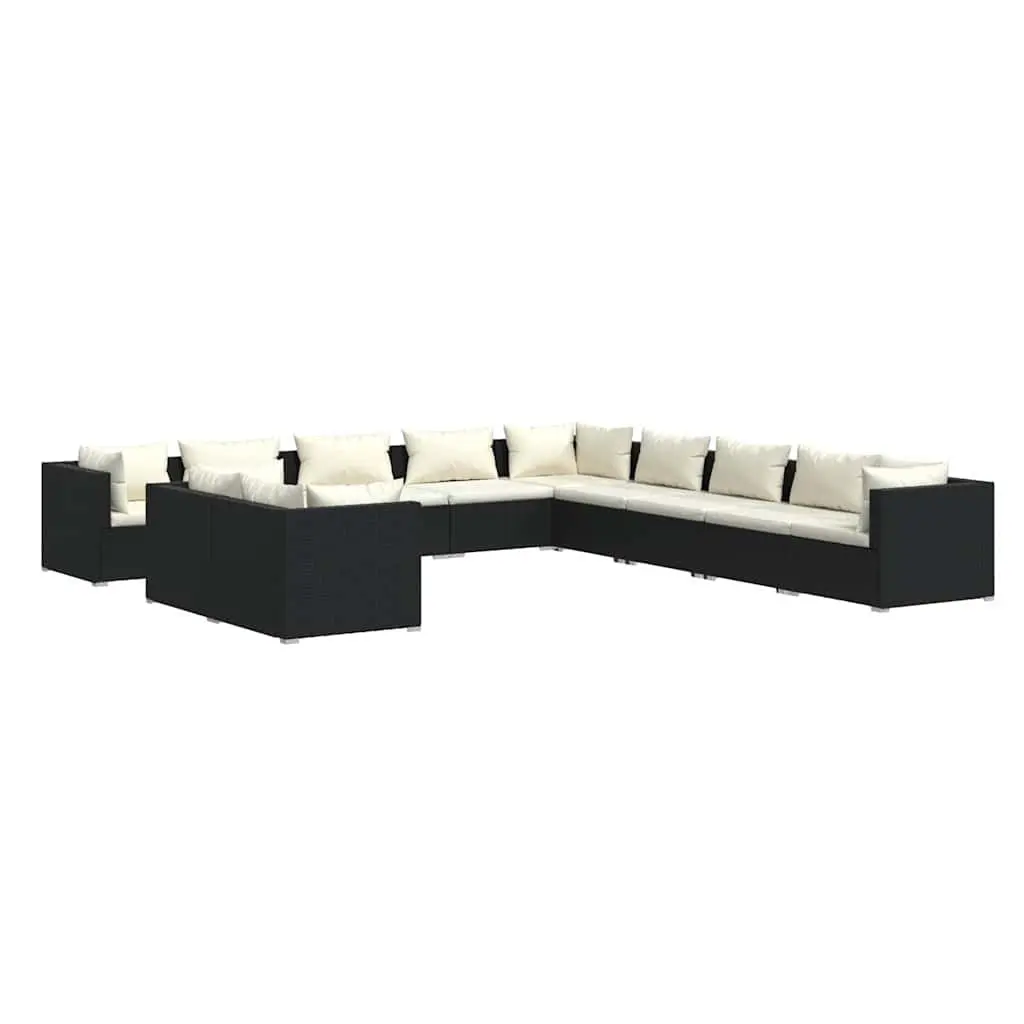 11 Piece Modular Black Poly Rattan Outdoor Garden Lounge Set with Water-Resistant Cushions