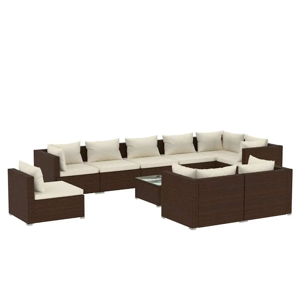 Garden Lounge Set 10 Piece Poly Rattan Outdoor Furniture with Cushions Brown