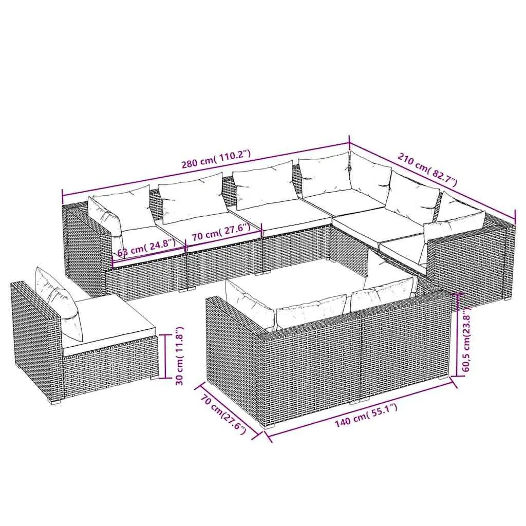 9 Piece Poly Rattan Garden Lounge Set Black Outdoor Patio Furniture with Cushions