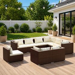 9 Piece Garden Lounge Set Poly Rattan Outdoor Furniture with Cushions Brown