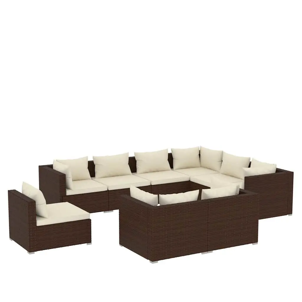 9 Piece Garden Lounge Set Brown Poly Rattan Outdoor Furniture with Removable Cushions