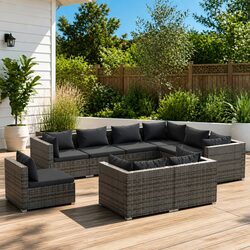 Garden Lounge Set 9 Piece Poly Rattan Outdoor Furniture Grey with Cushions