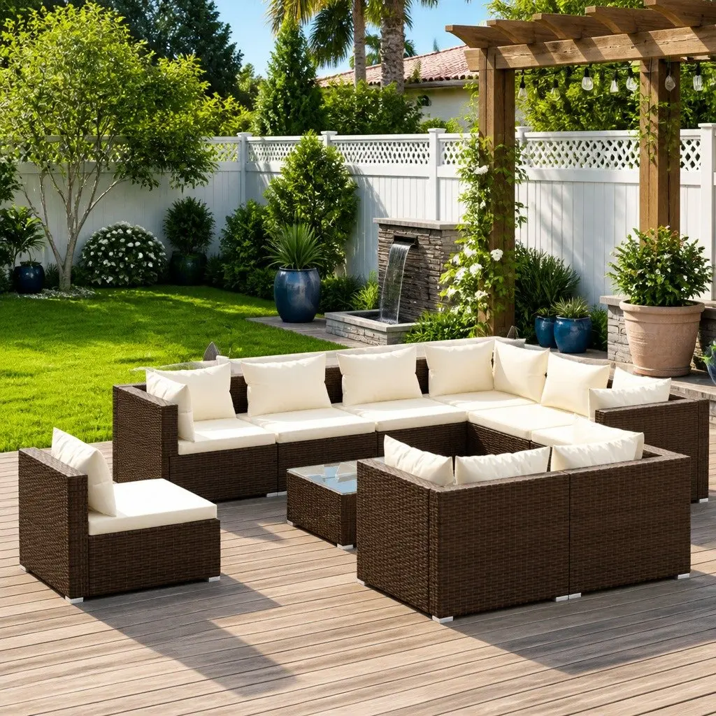 Garden Lounge Set 10 Piece Poly Rattan Outdoor Furniture Brown with Cushions