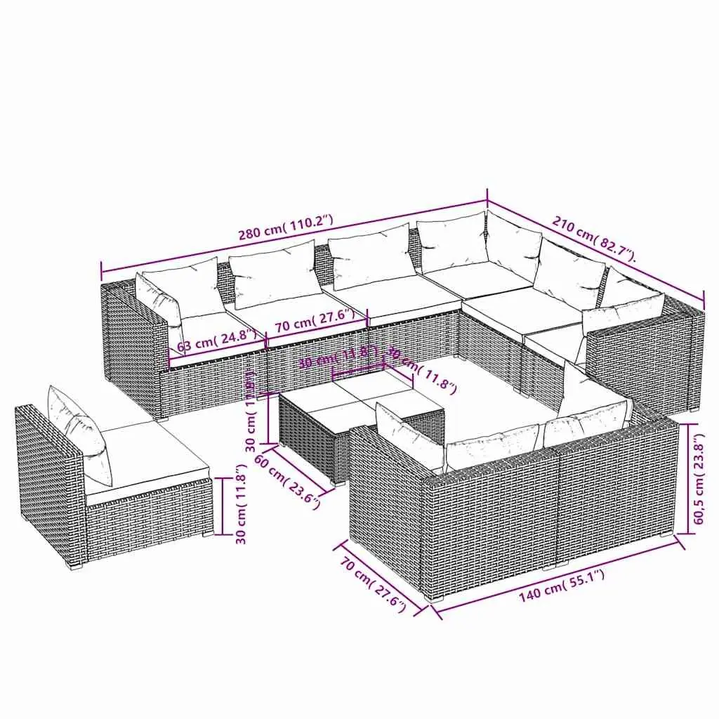 Garden Lounge Set 10 Piece Poly Rattan Outdoor Furniture Brown with Cushions