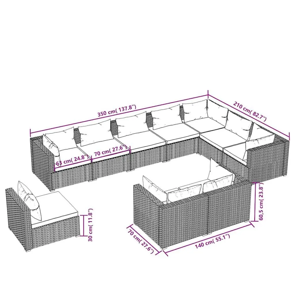 Outdoor Garden Lounge Set 10 Piece Poly Rattan Patio Furniture Modular Black