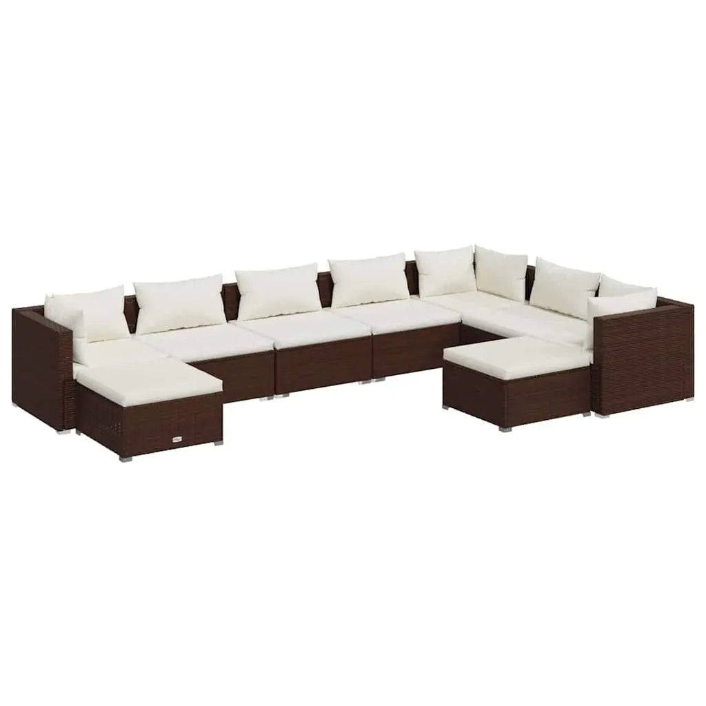 Garden Lounge Set Brown 9 Piece Outdoor Furniture Poly Rattan with Cushions