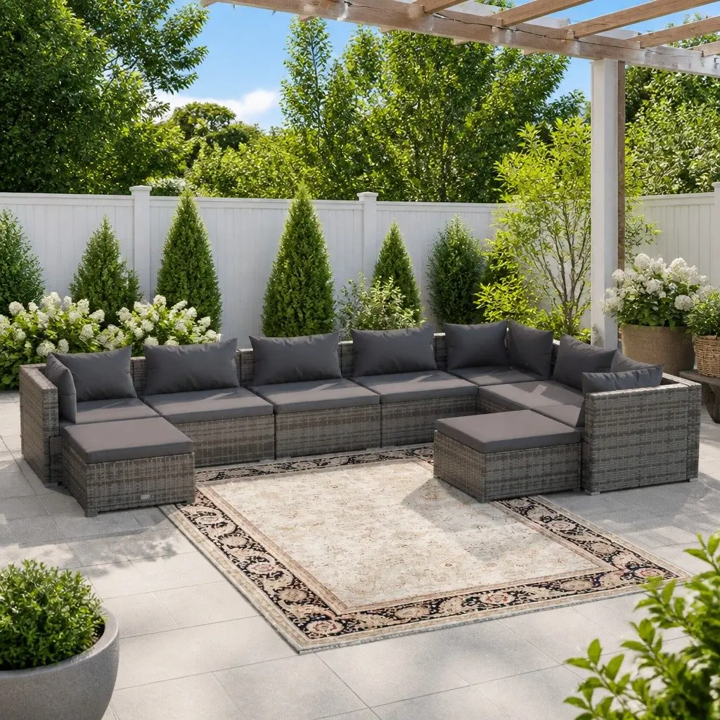 Garden Lounge Set 9 Piece Outdoor Patio Furniture Poly Rattan Grey with Cushions
