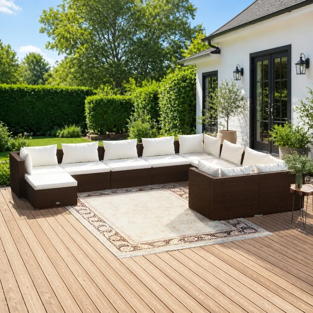 Garden Lounge Set 10 Piece Outdoor Furniture Poly Rattan Brown with Cushions