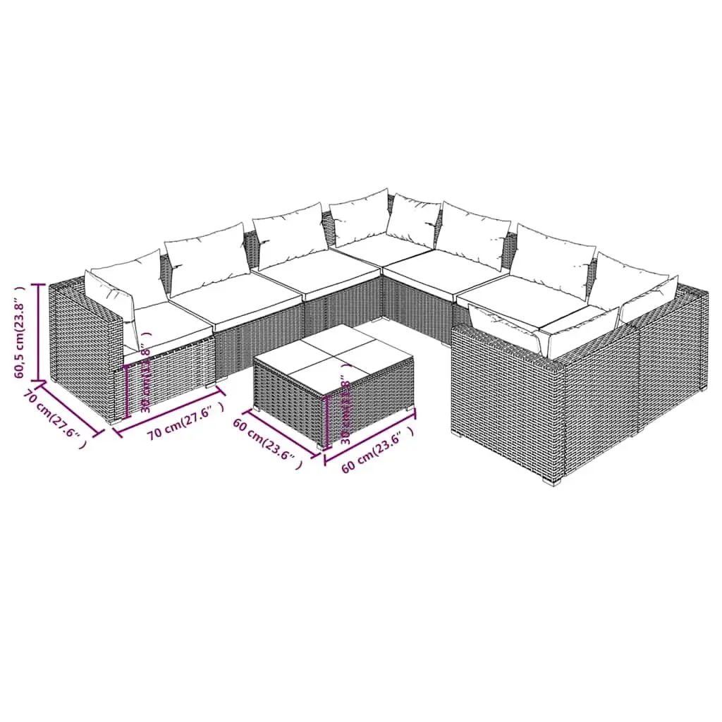 Garden Lounge Set 9 Piece Poly Rattan Outdoor Furniture with Cushions Black