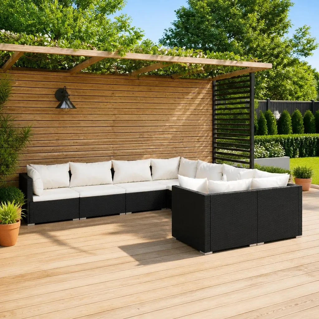 Garden Lounge Set 8 Piece Outdoor Patio Furniture Poly Rattan Black Cushions