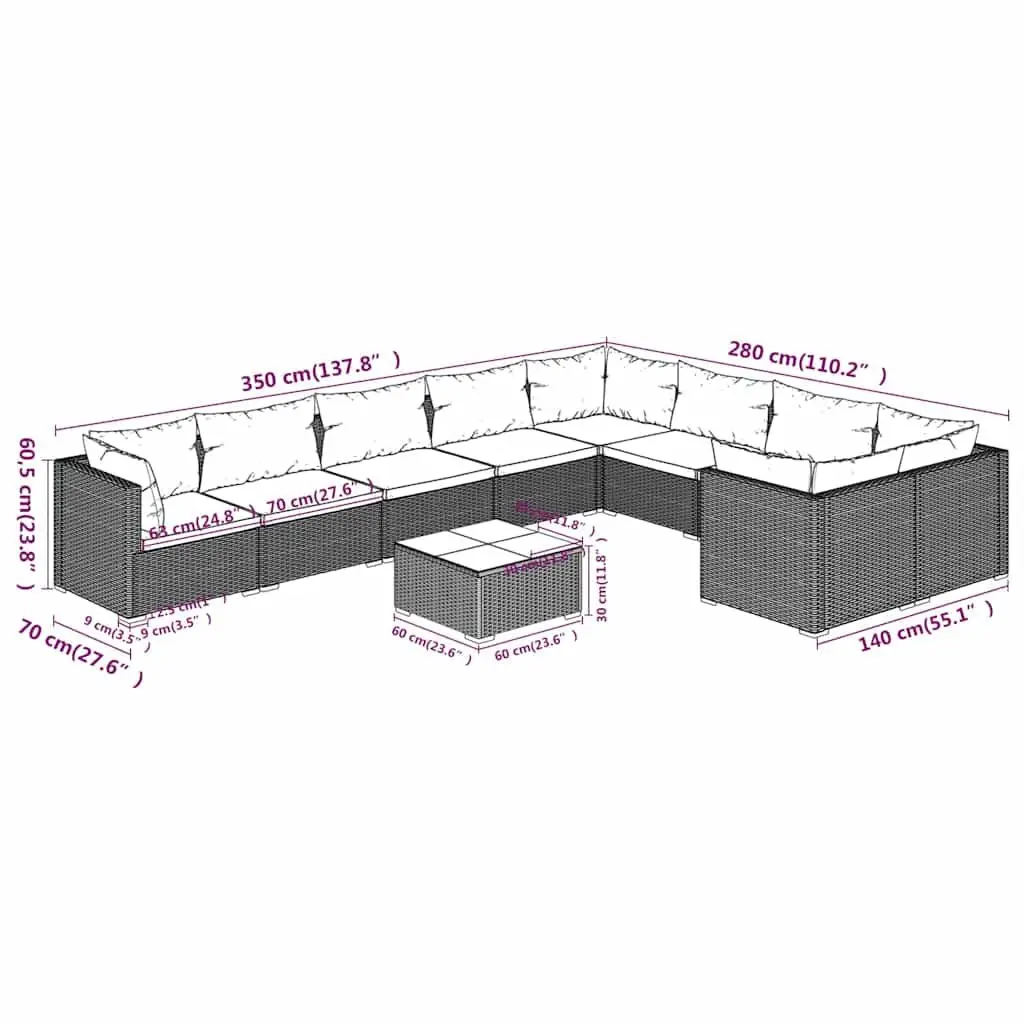 Garden Lounge Set 10 Piece Outdoor Patio Furniture Poly Rattan with Cushions