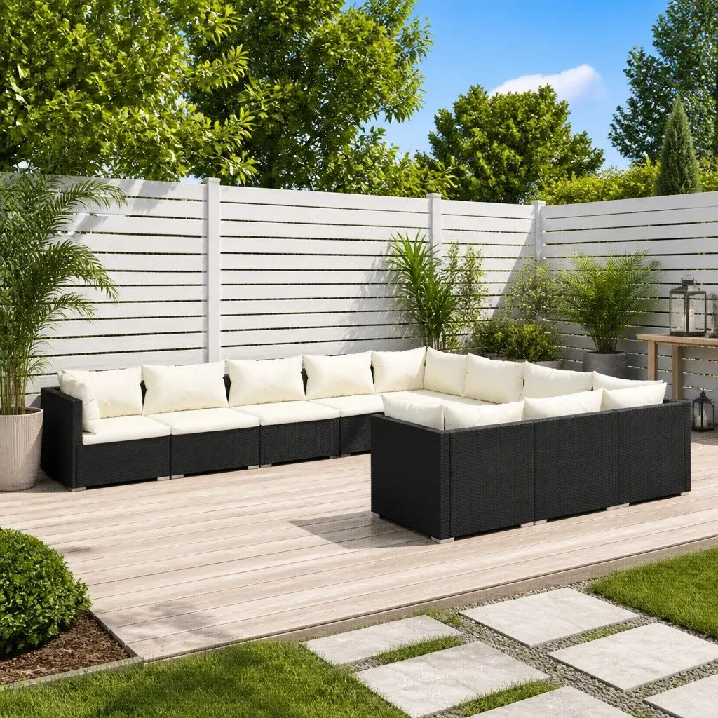 Garden Lounge Set 10 Piece Poly Rattan Outdoor Furniture with Cushions Black