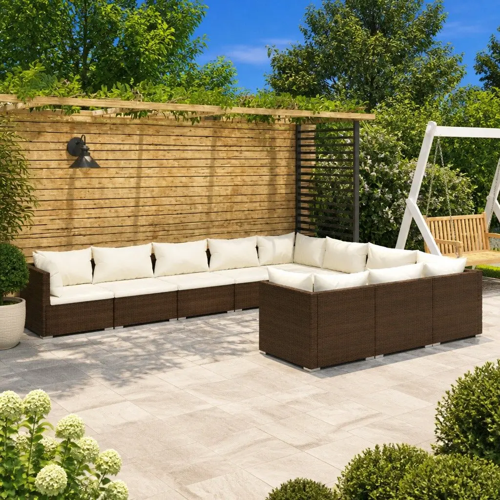 Garden Lounge Set Brown 10 Piece Outdoor Furniture Poly Rattan with Cushions