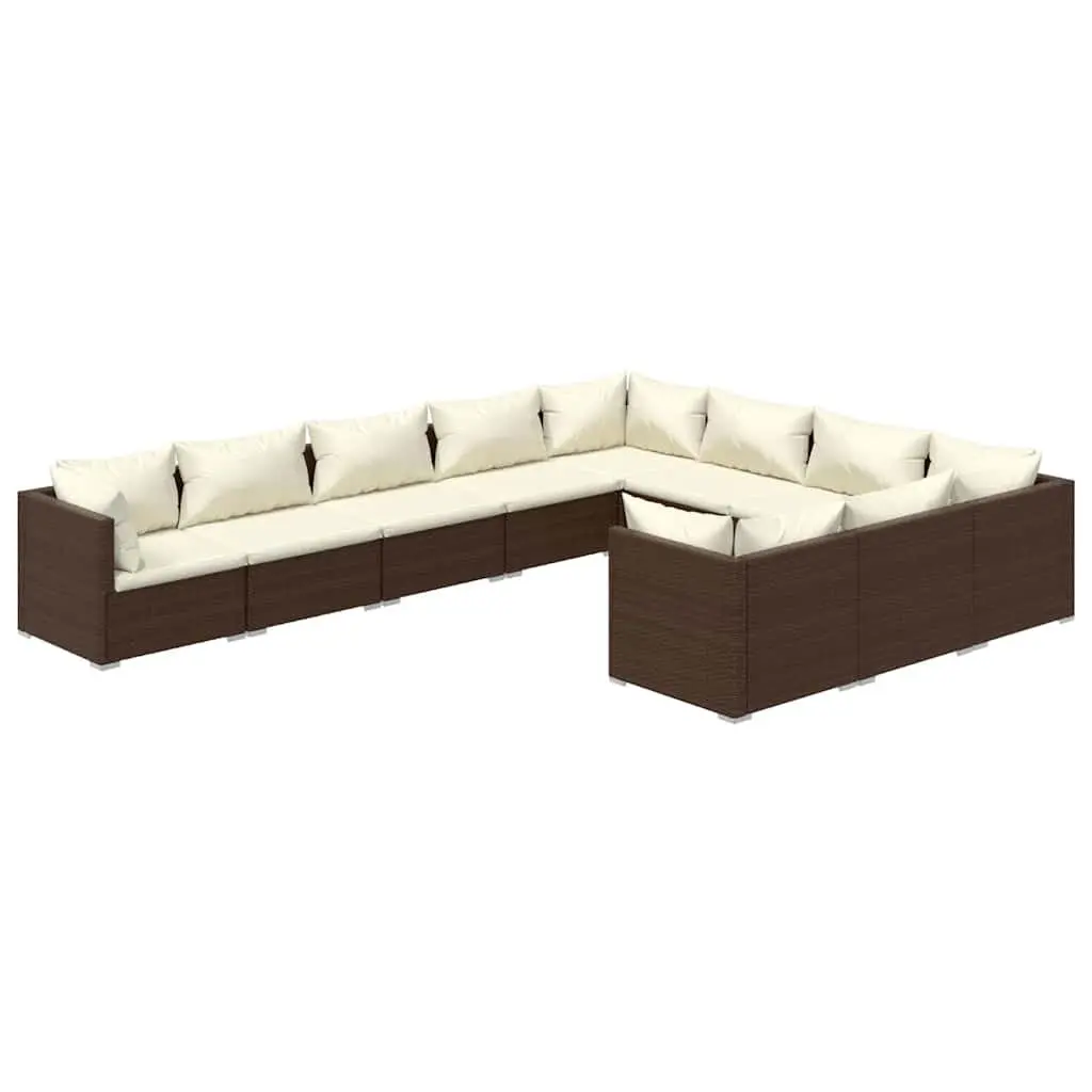 Garden Lounge Set Brown 10 Piece Outdoor Furniture Poly Rattan with Cushions