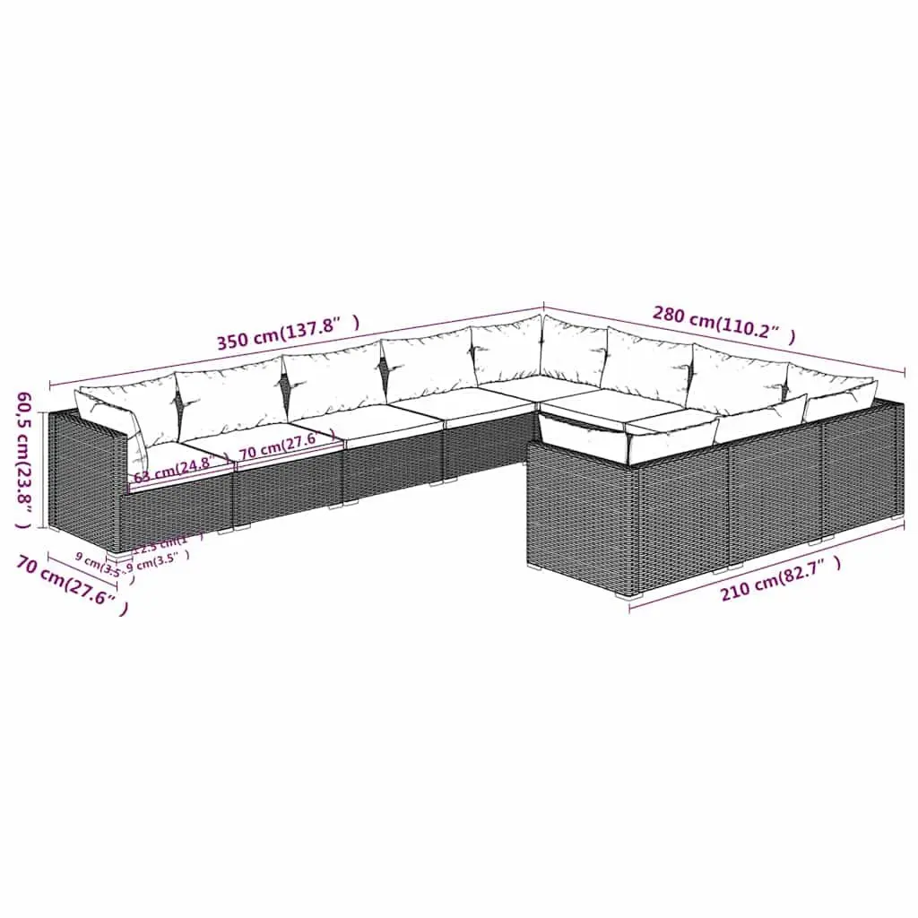 Garden Lounge Set Brown 10 Piece Outdoor Furniture Poly Rattan with Cushions