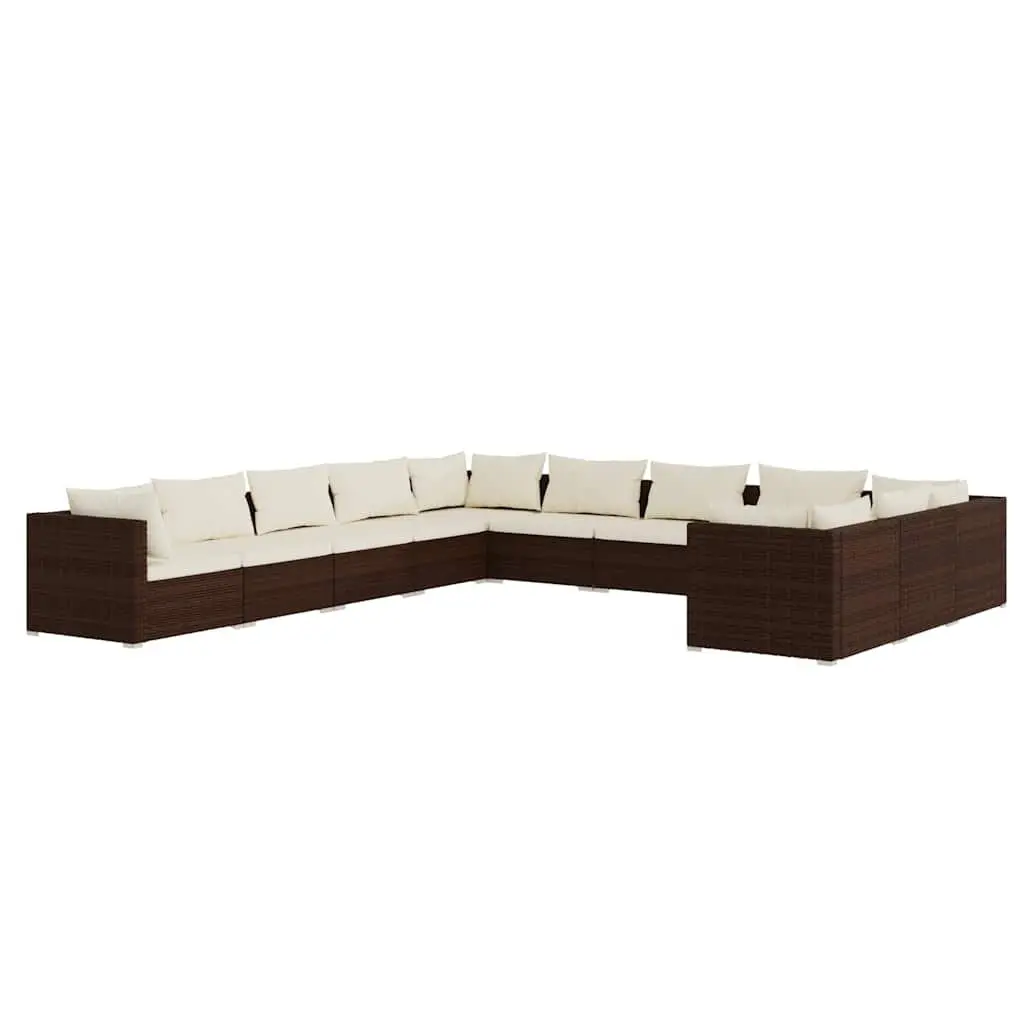 11 Piece Garden Lounge Set Brown Modular Outdoor Patio Furniture with Removable Cushions