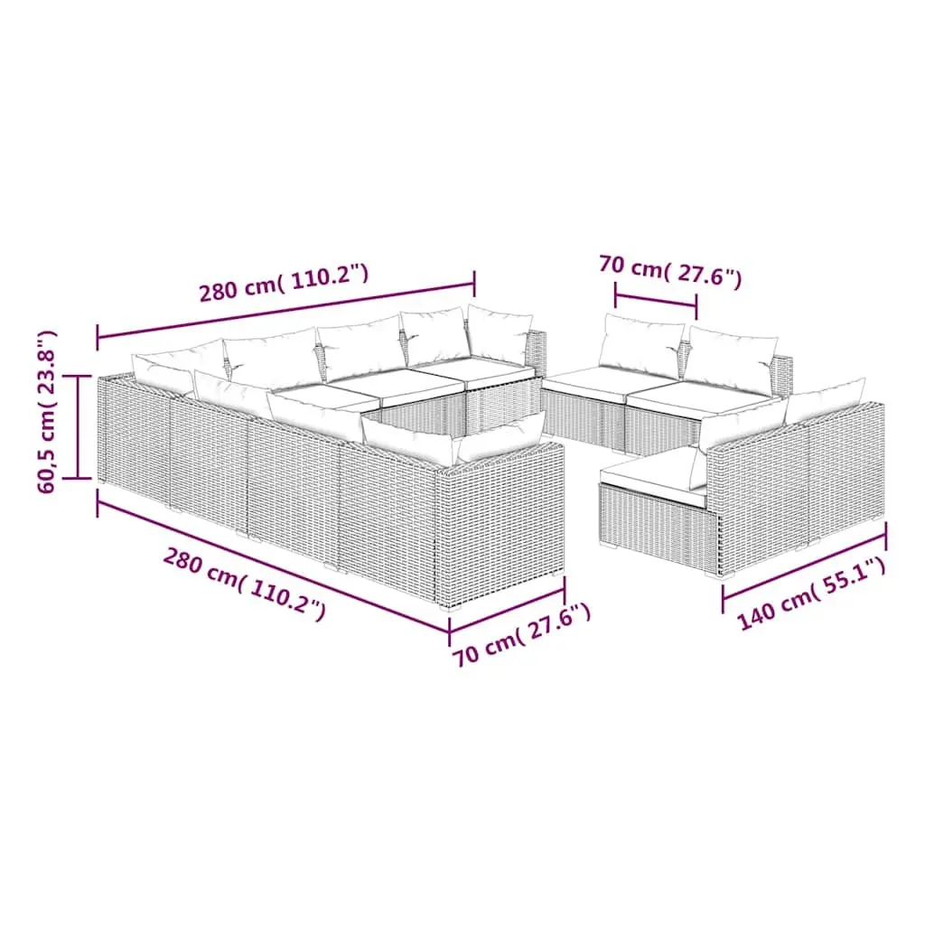 11 Piece Garden Lounge Set Outdoor Patio Furniture Brown Poly Rattan with